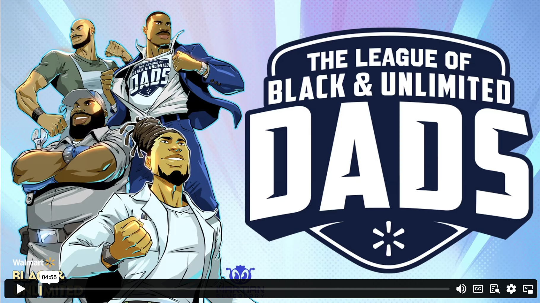 Cartoon thumbnail of black fathers as superhero for a video in a new father's day campaign by walmart that celebrates black fathers.